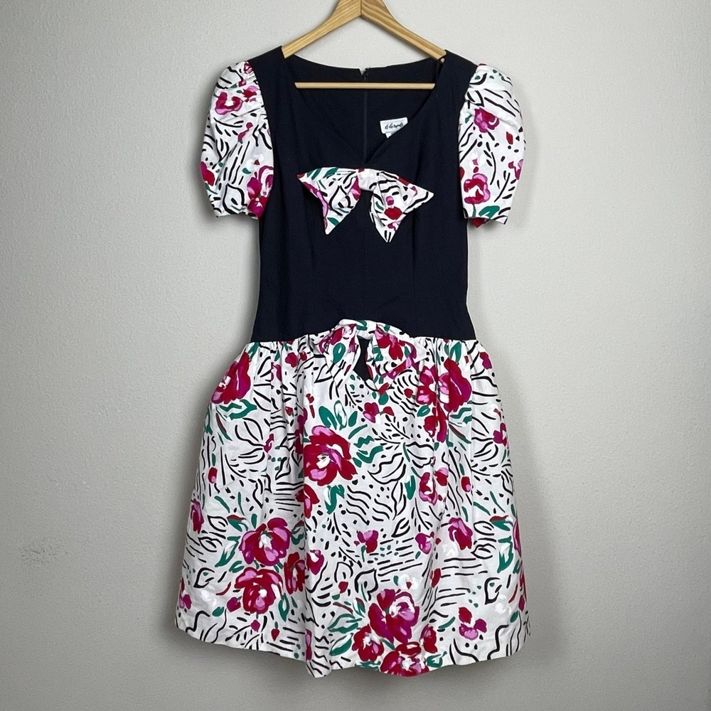 Vintage A La Mode Dress Puff Sleeve Bow Floral Print Dark Navy Size 5/6‎